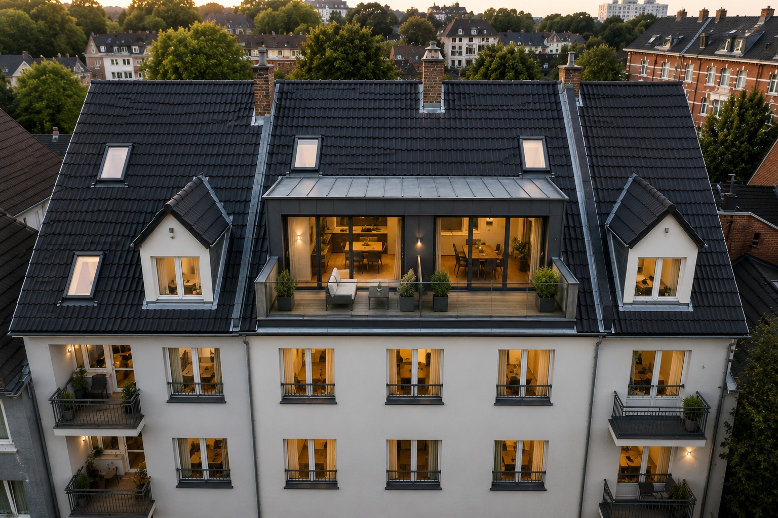 Nachher: ausgebautes Penthouse mit Dachterrasse nach der Aufstockung des Mehrfamilienhauses in Düsseldorf-Pempelfort