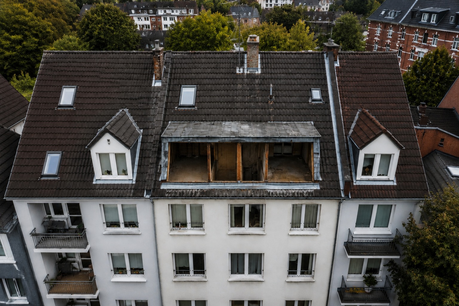 Vorher: rohes, unausgebautes Dachgeschoss des Mehrfamilienhauses vor der Projektentwicklung in Düsseldorf-Pempelfort