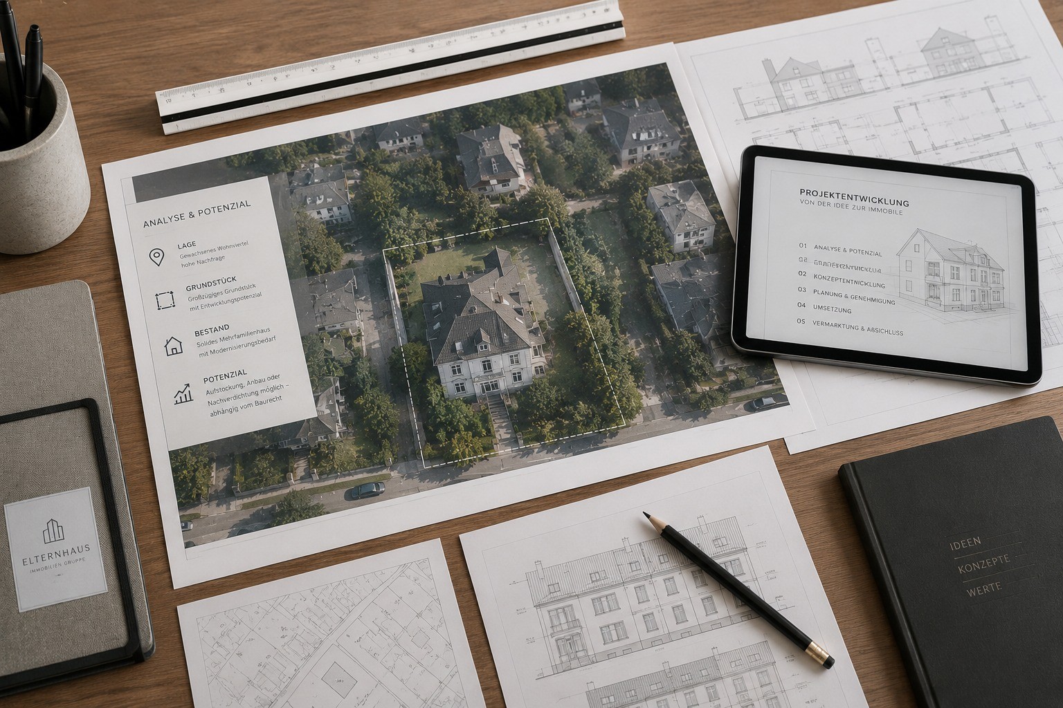 Nutzungskonzept mit Potenzialanalyse, Tablet und Skizzen auf dem Schreibtisch — Konzeptentwicklung Immobilienprojekt