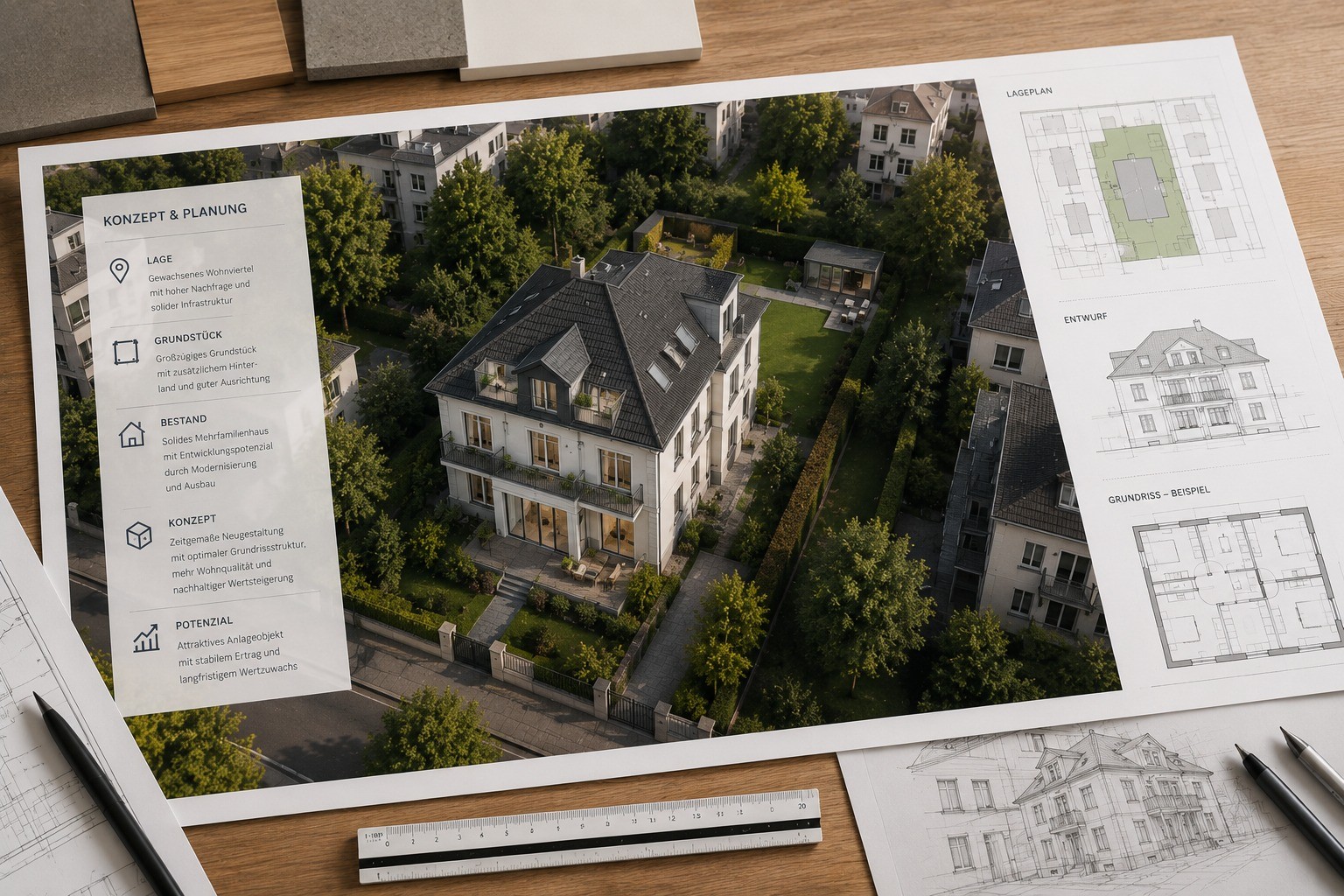 Planungsunterlagen mit Grundrissen und Genehmigungsplan einer Stadtvilla — Planung und Genehmigung