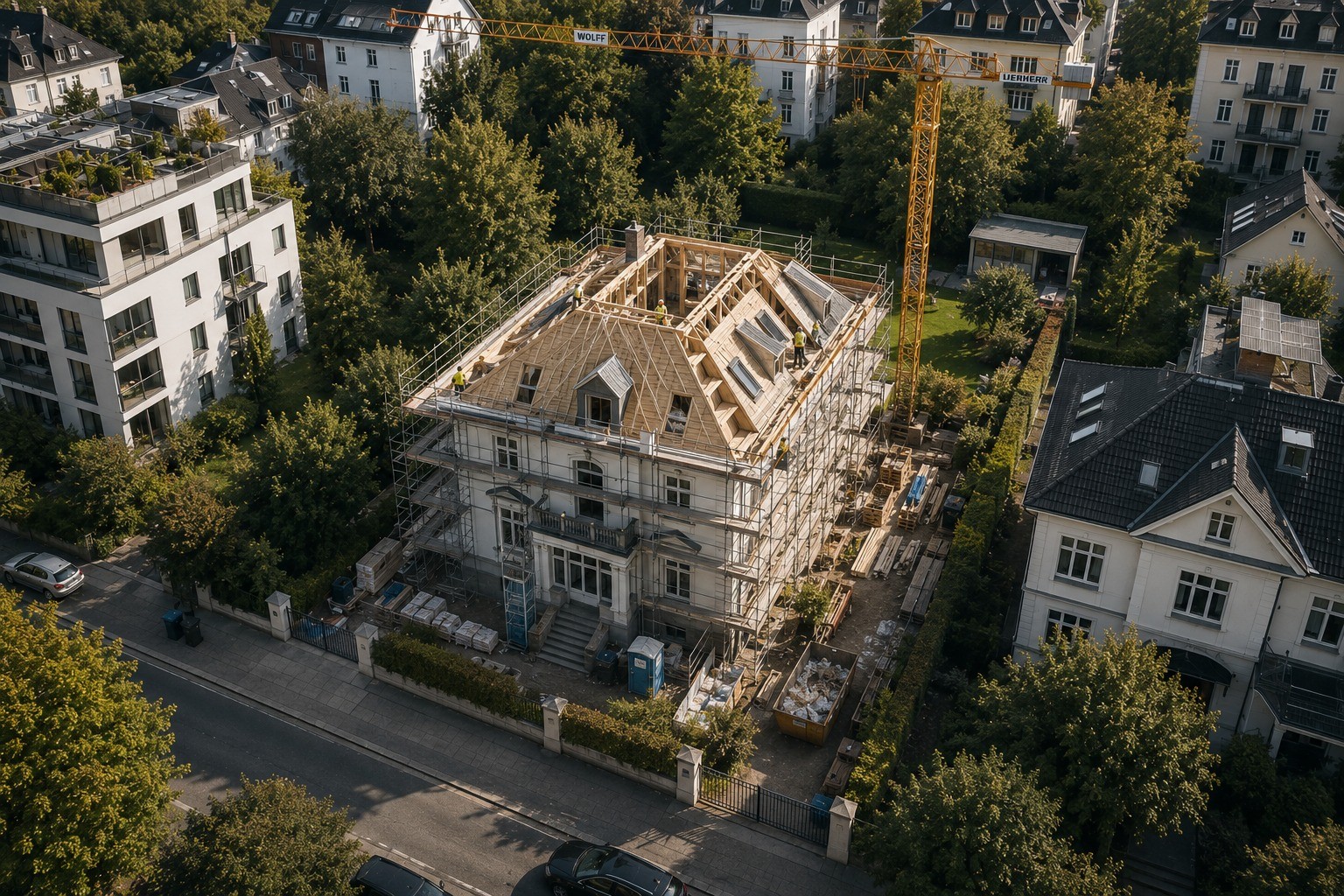 Dachstuhl-Ausbau einer Altbau-Villa mit Baukran und Gerüst — Bauphase der Projektentwicklung