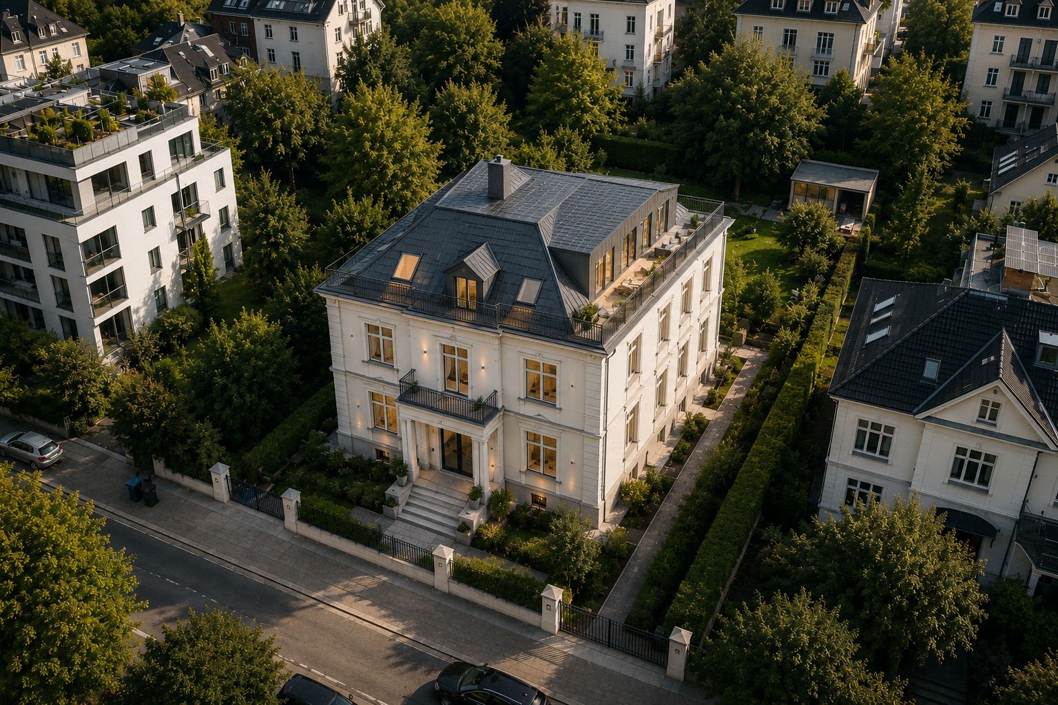 Fertig sanierte Altbau-Villa mit ausgebautem Dachgeschoss aus der Luft — abgeschlossenes Immobilienprojekt Düsseldorf